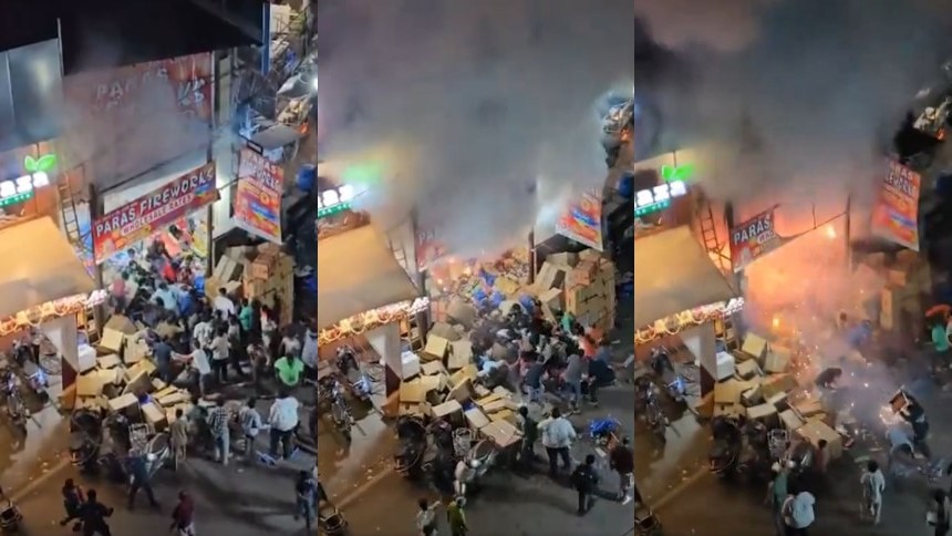 VIDEOS: El impactante momento en que se incendió una tienda de fuegos artificiales en India