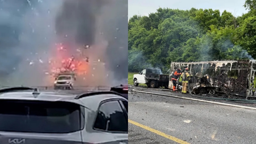 Una camioneta cargada con fuegos artificiales se incendió y explotó en plena autopista I-75 Norte en Tennessee (EEUU), provocando un espectáculo pirotécnico inesperado que paralizó el tráfico durante varias horas.  