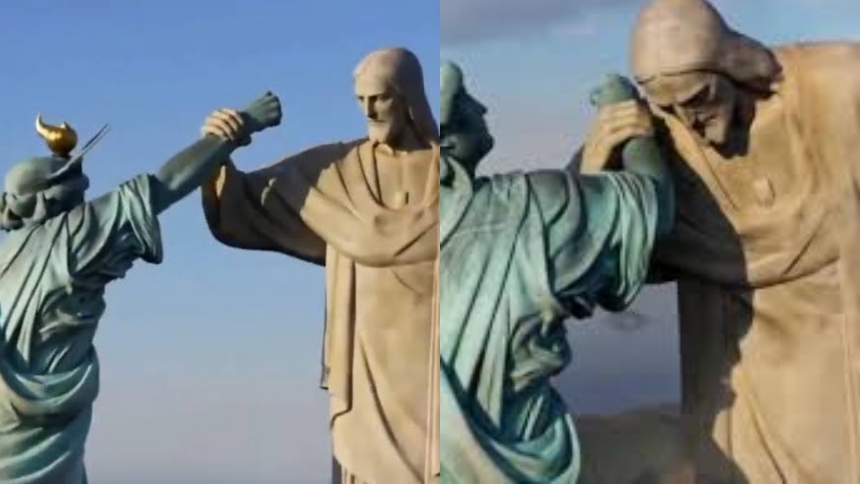 La Embajada de Irán en Túnez compartió a través de las redes sociales un video propagandístico hecho con IA que retrata una pelea ficticia entre la Estatua de la Libertad, emblemático monumento de Nueva York, en Estados Unidos, y la gigante estatua del Cristo Redentor de Brasil.  