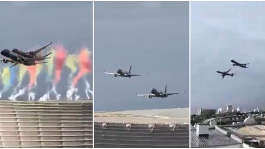Antes del partido entre Sudáfrica y Nueva Zelanda, unos aviones pasaron muy cerca del estadio. Fotos capturas de videos RRSS.