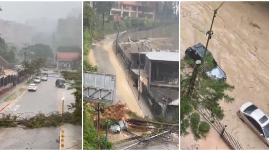 Carrizal, en los Altos Mirandinos, sufrió por el desbordamiento de una quebrada. Fotos capuras de video RRSS Daniel Murolo y El Tequeño.