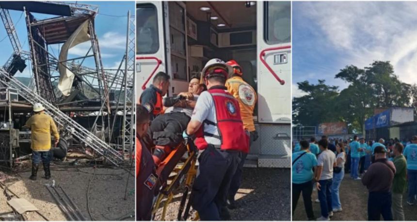 La tarima cedió, supuestamente a caua de fuertes ráfagas de viento. Fotos cortesía La Nación y RRSS.
