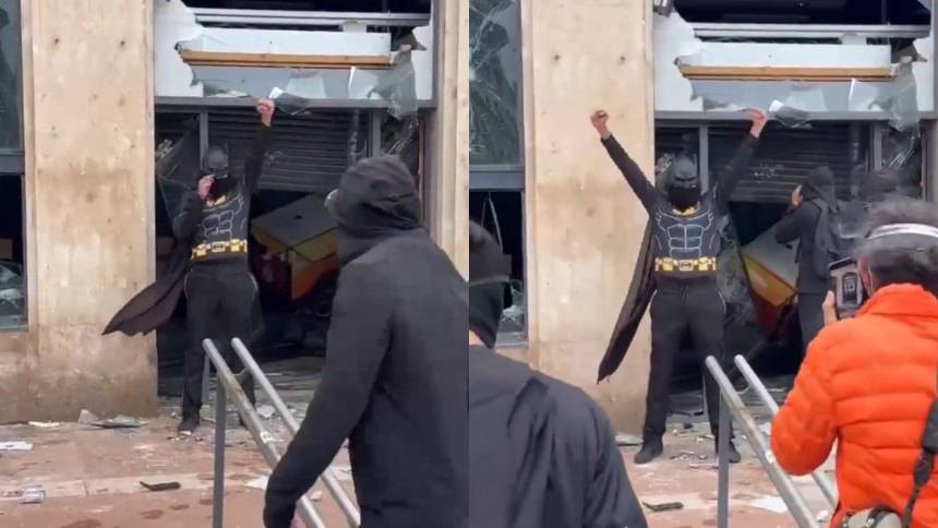 VIRAL: 'Batman' salió de edificio gubernamental vandalizado durante las protestas de este 17-Oct en Francia