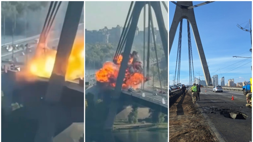 El puente norte de Kiev fue atacadoen pleno dìa por un dron ruso. Foto captras de video RRSS